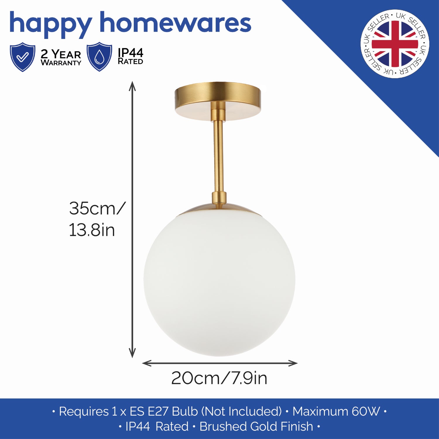 Traditional Glass Globe IP44 Bathroom Ceiling Light Fixture in Brushed Gold Image 5