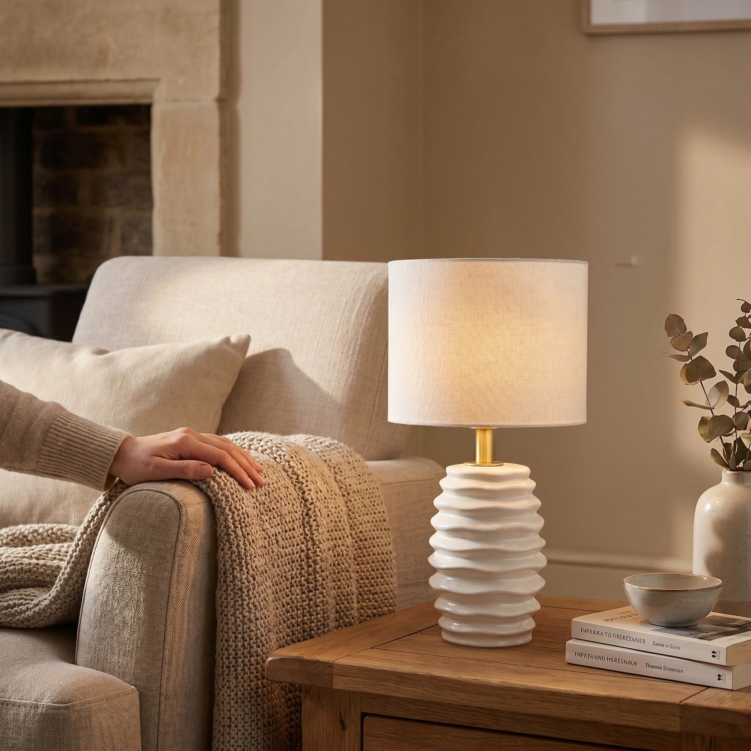 Modern Off-White Gloss Ceramic Table Lamp Base with Rippled Grooves Image 6