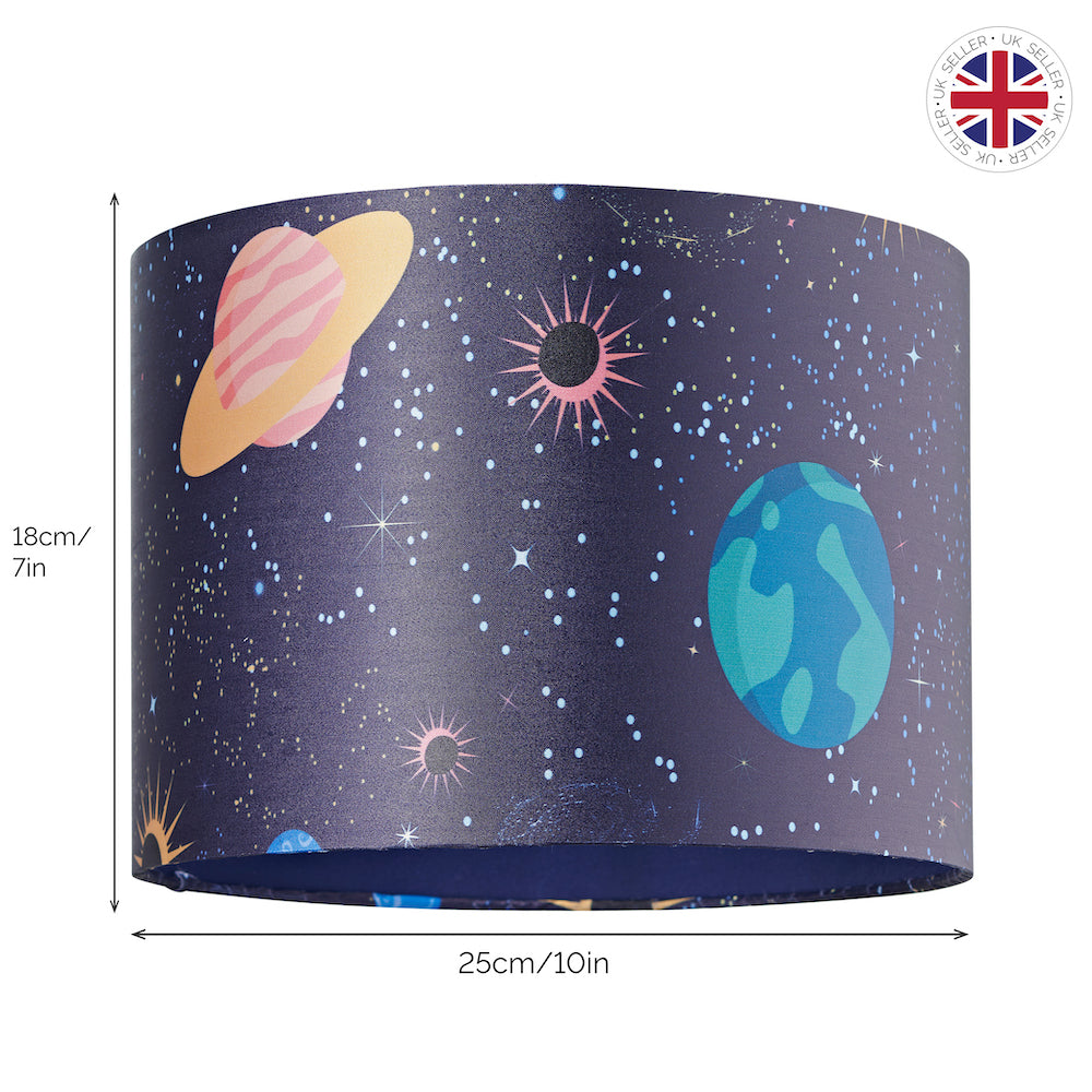 Colourful Universe Themed Lampshade in Navy Blue with Planets, Suns and Stars Image 5