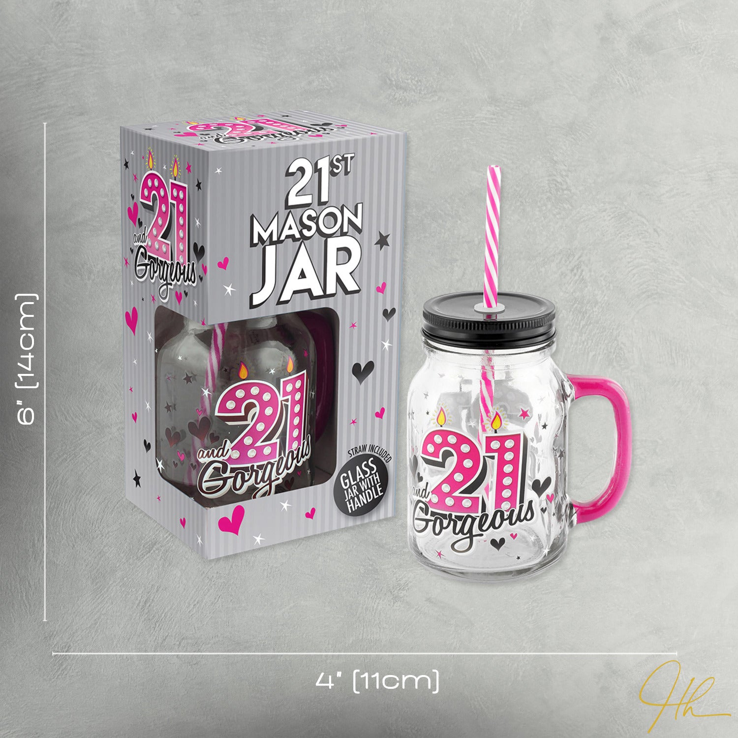 21st Birthday Mason Jar With Metal Lid Glass Handle and Pink/White Straw Image 7