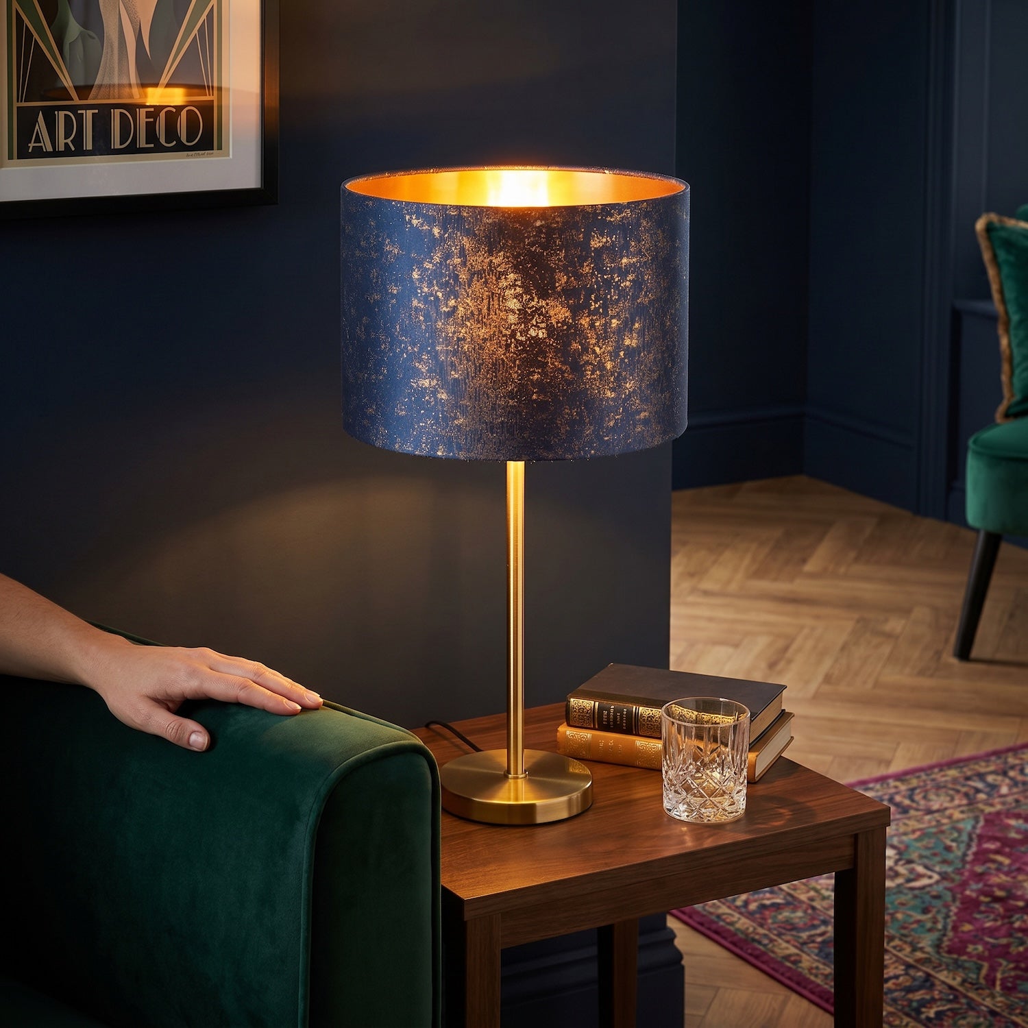 Midnight Blue Jacquard Fabric Lamp Shade with Gold Foil Fleck Accents Image 6