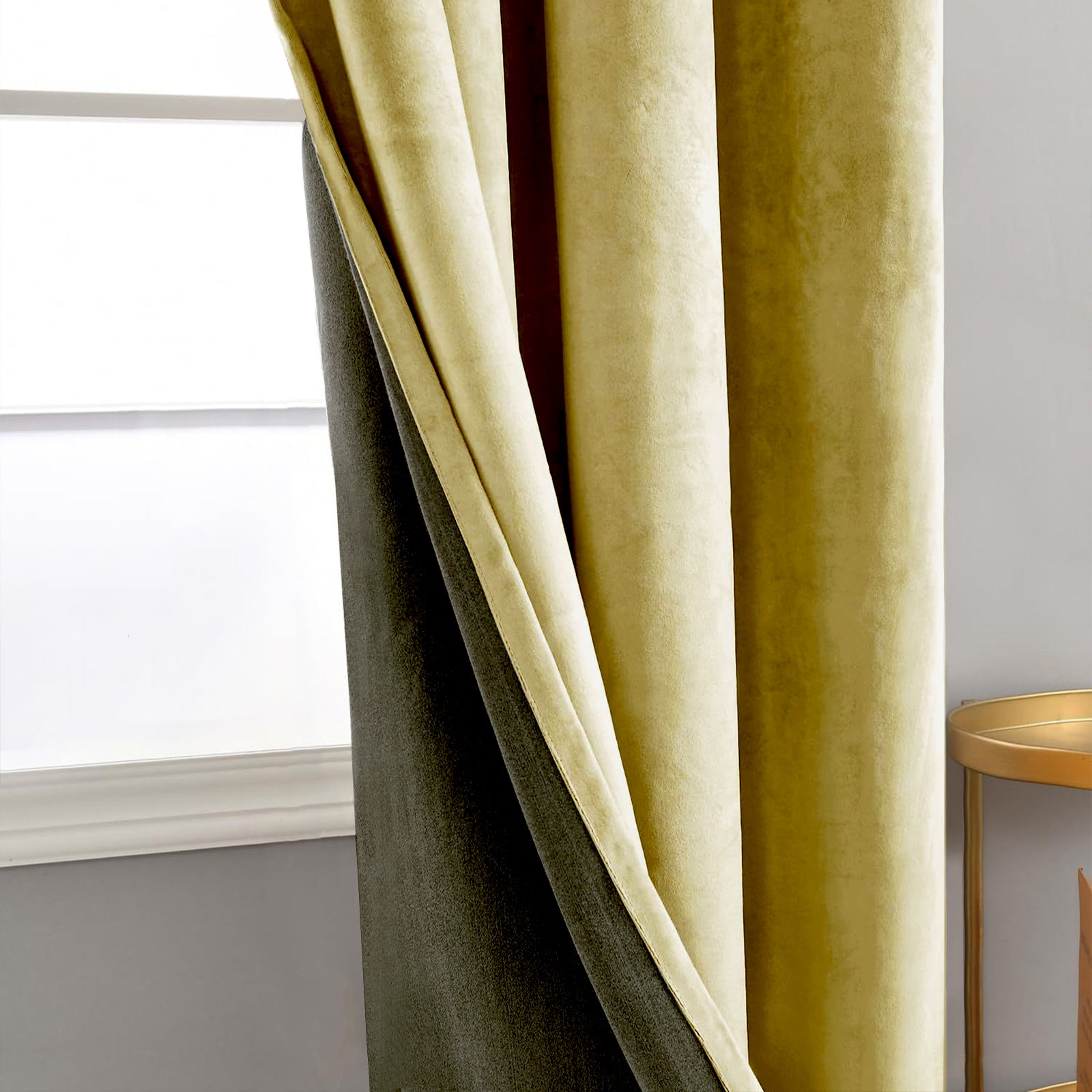 Dusty Yellow Velvet Blackout Eyelet Curtains - 46x63 Inch Drop - Pair Image 3