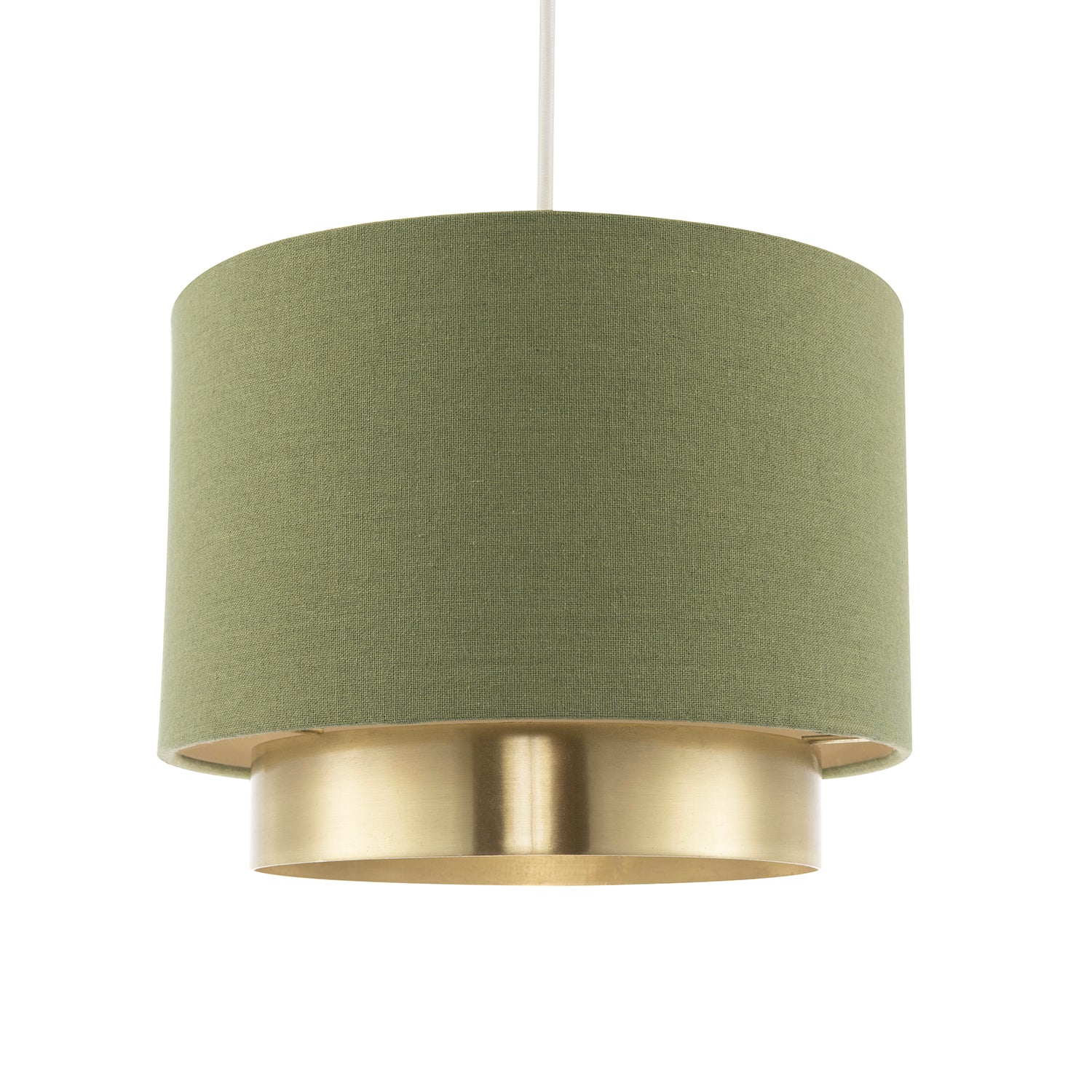 Olive Green Linen Fabric Pendant Shade with Brushed Gold Metal Ring Image 2