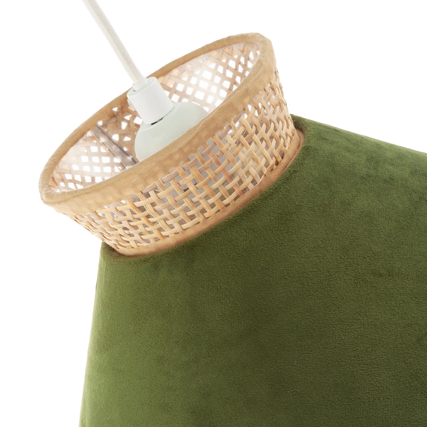 Designer Dark Olive Velvet and Natural Rattan Pendant Lighting Shade Image 5