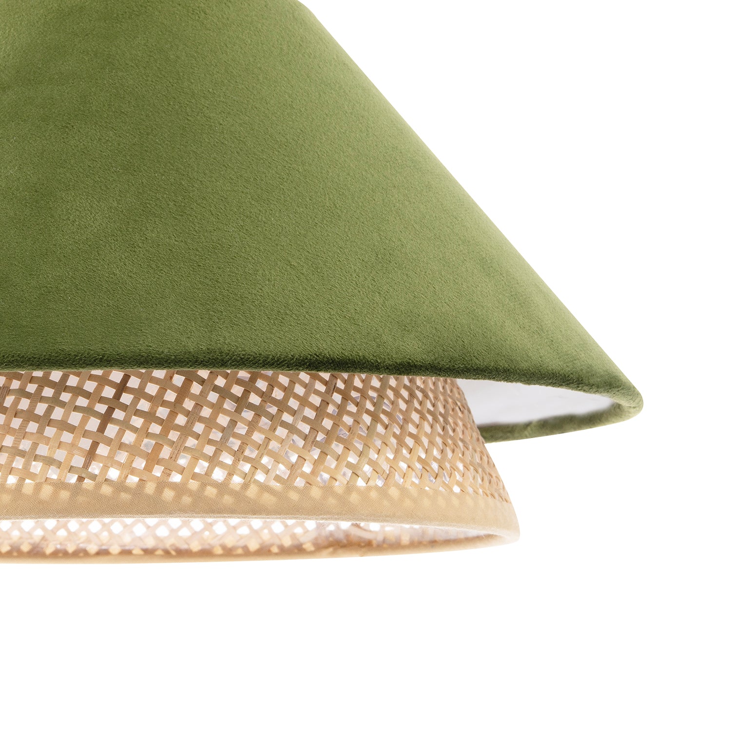 Designer Dark Olive Velvet and Natural Rattan Pendant Lighting Shade Image 3
