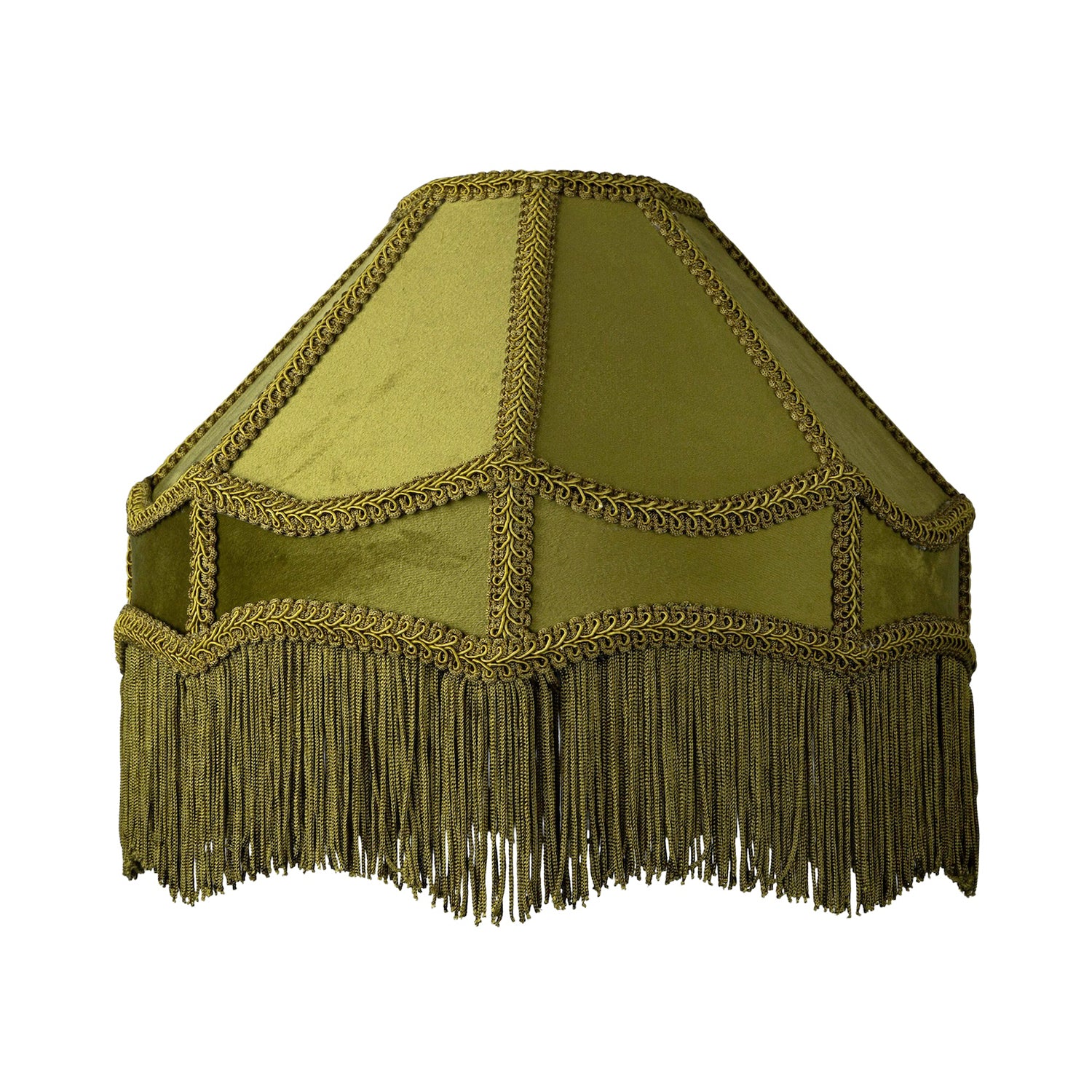 Traditional Victorian Empire Lamp Shade in Olive Green Velvet with Long Tassels Image 1