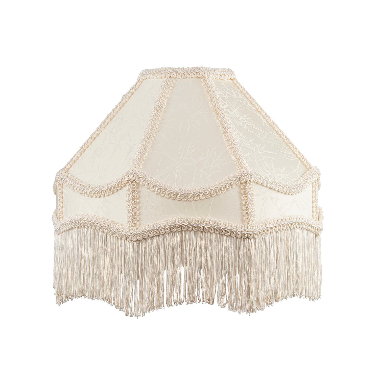 White Sleek Satin Victorian Lamp Shade with Floral Leaf Decor and White Tassels Image 1