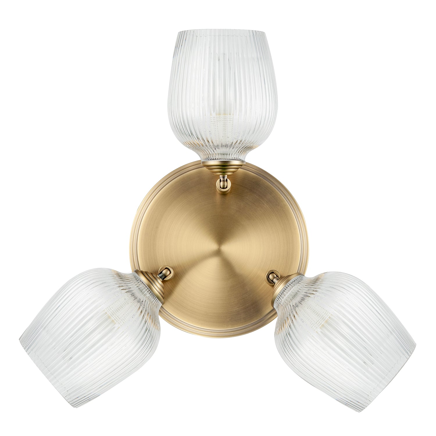 Antique Brass Triple Spot Ceiling Light with Clear Ribbed Glass Shades Image 3