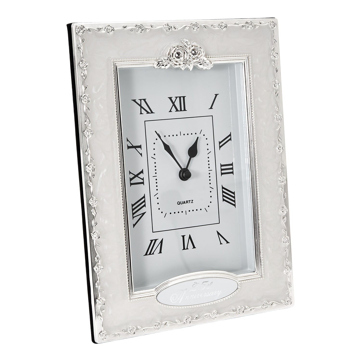 25th Anniversary Clock in White Epoxy with Silver Plated Roses and Diamantes Image 2