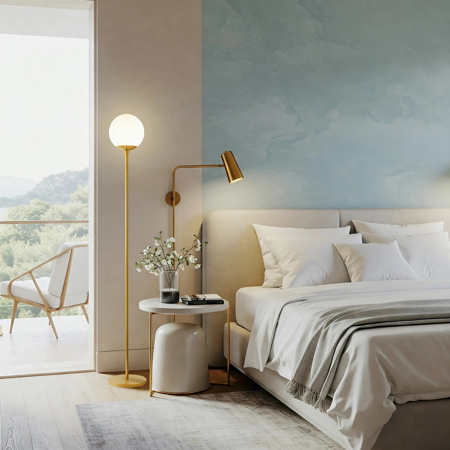 Modern Satin Gold Floor Lamp with Opal White Globe Glass Shade and Foot Switch Image 7