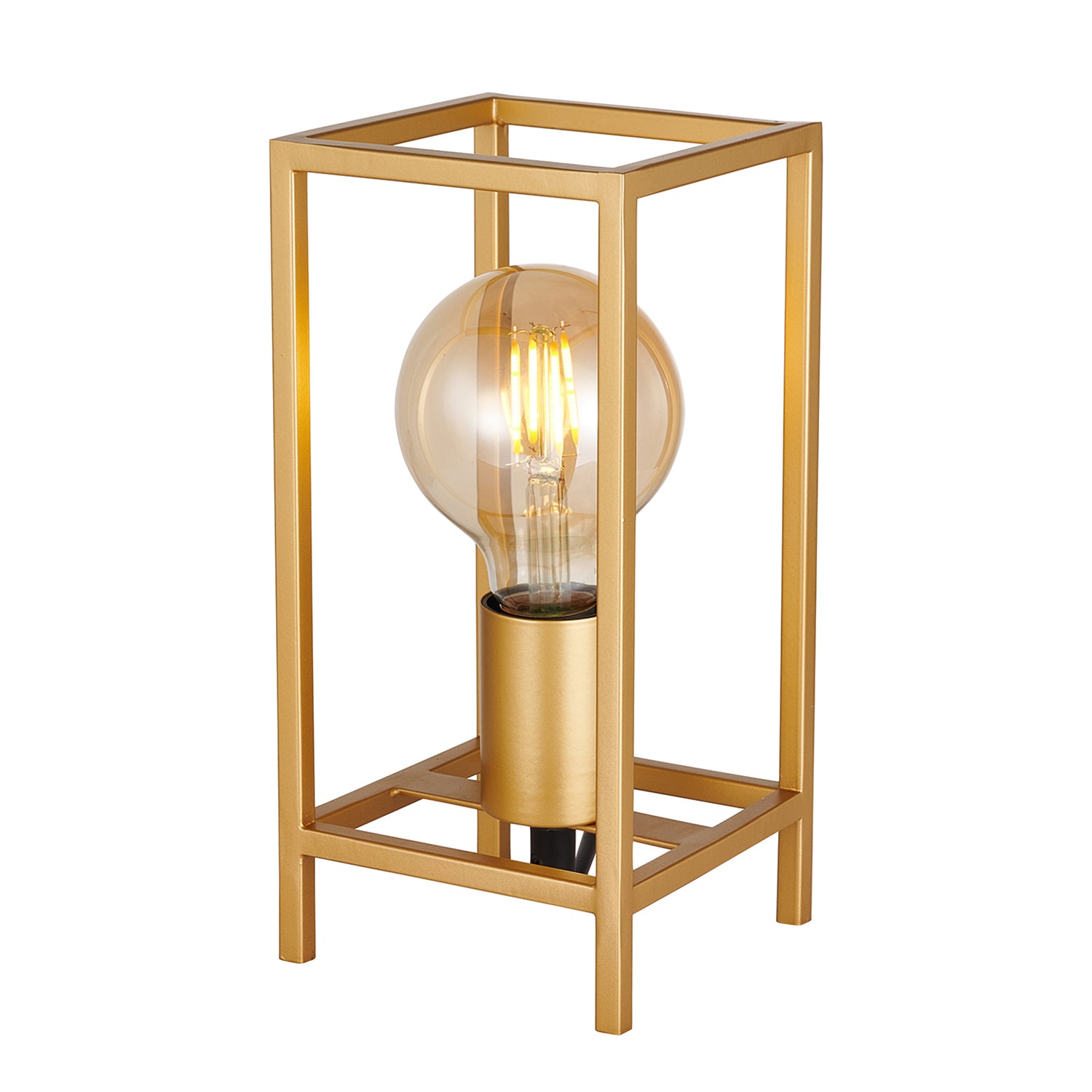 Vintage and Industrial Style Satin Gold Table Lamp with Rectangular Cage Design Image 1