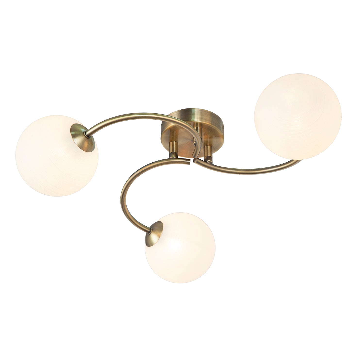 Modern 3-Arm Antique Brass Ceiling Light with Opal Swirl Glass Spherical Shades Image 3