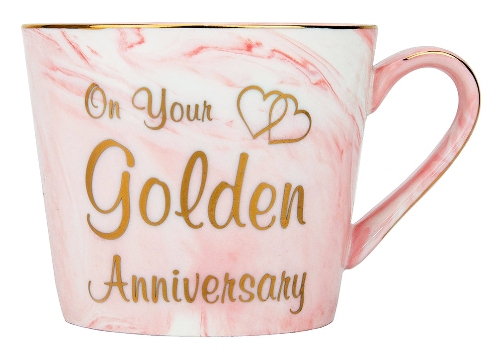 Beautiful 50th Anniversary Grey and Pink Marble Ceramic Mugs with Golden Trim Image 3