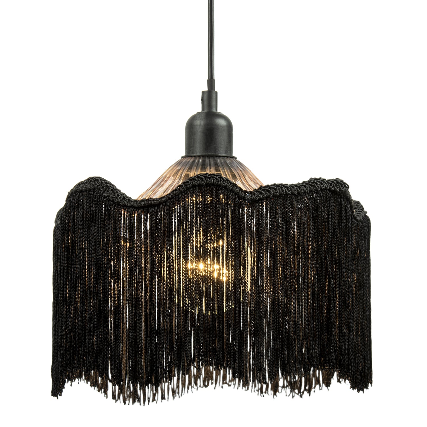 Striking Black Fringed Smoked Glass Pendant Shade with Long Tassels Image 3