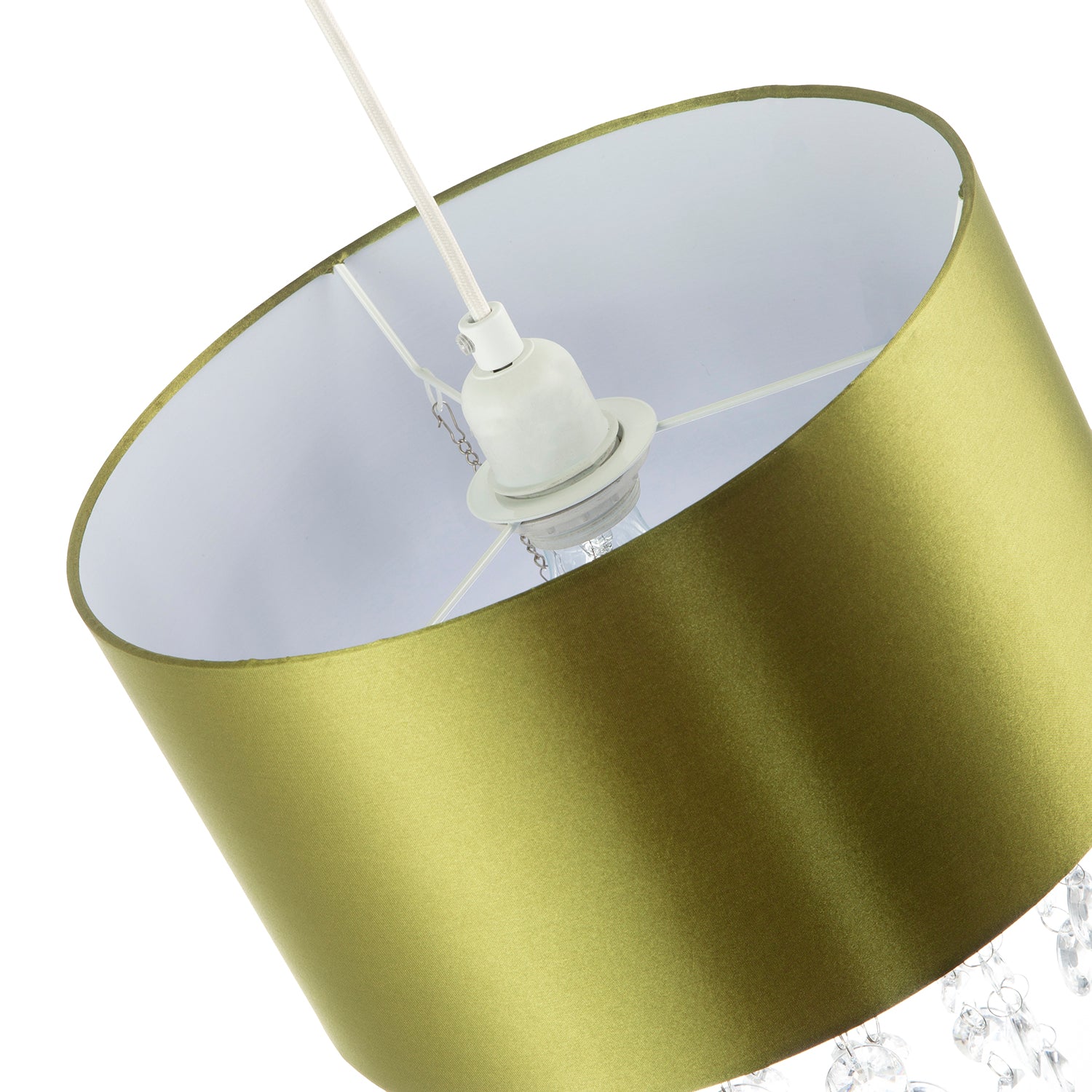 Modern Olive Green Satin Fabric Pendant Shade with Clear Acrylic Drops Image 3