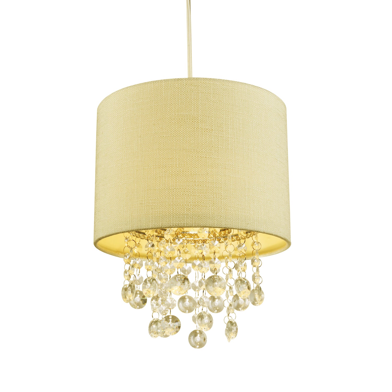 Modern Soft Cream Textured Linen Pendant Shade with Clear Acrylic Droplets Image 2