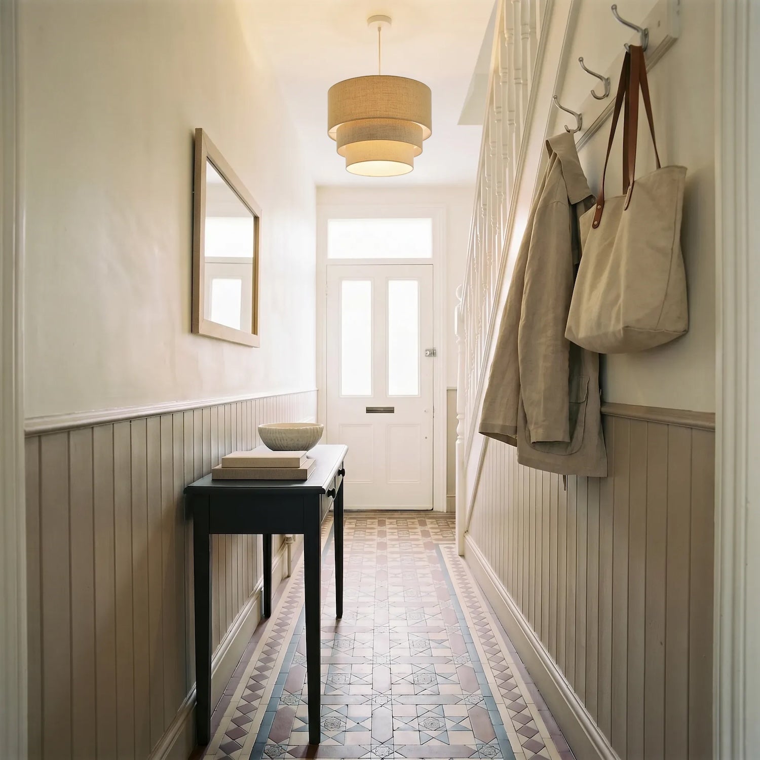 Contemporary Round Triple Tier Beige and Oatmeal Linen Pendant Shade Image 6