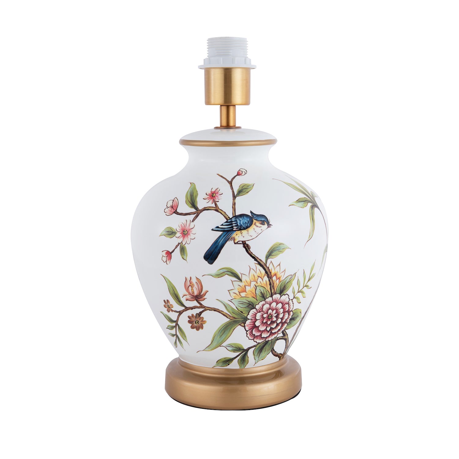 Traditional Ceramic Lamp Base in White Gloss with Coloured Birds and Flowers Image 1