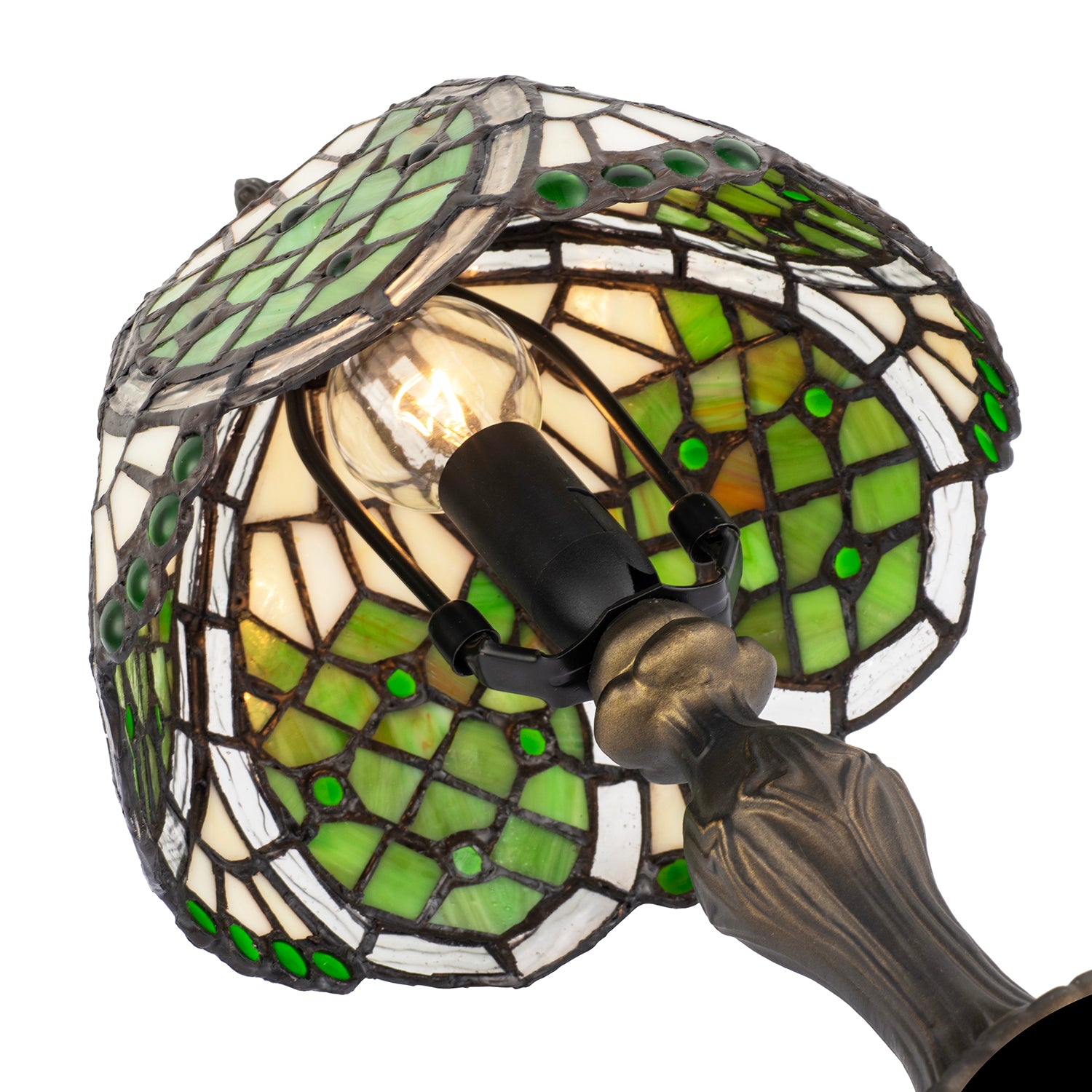 Classic Hand Crafted Round Beaded Tiffany Table Lamp in Toned Green Image 4