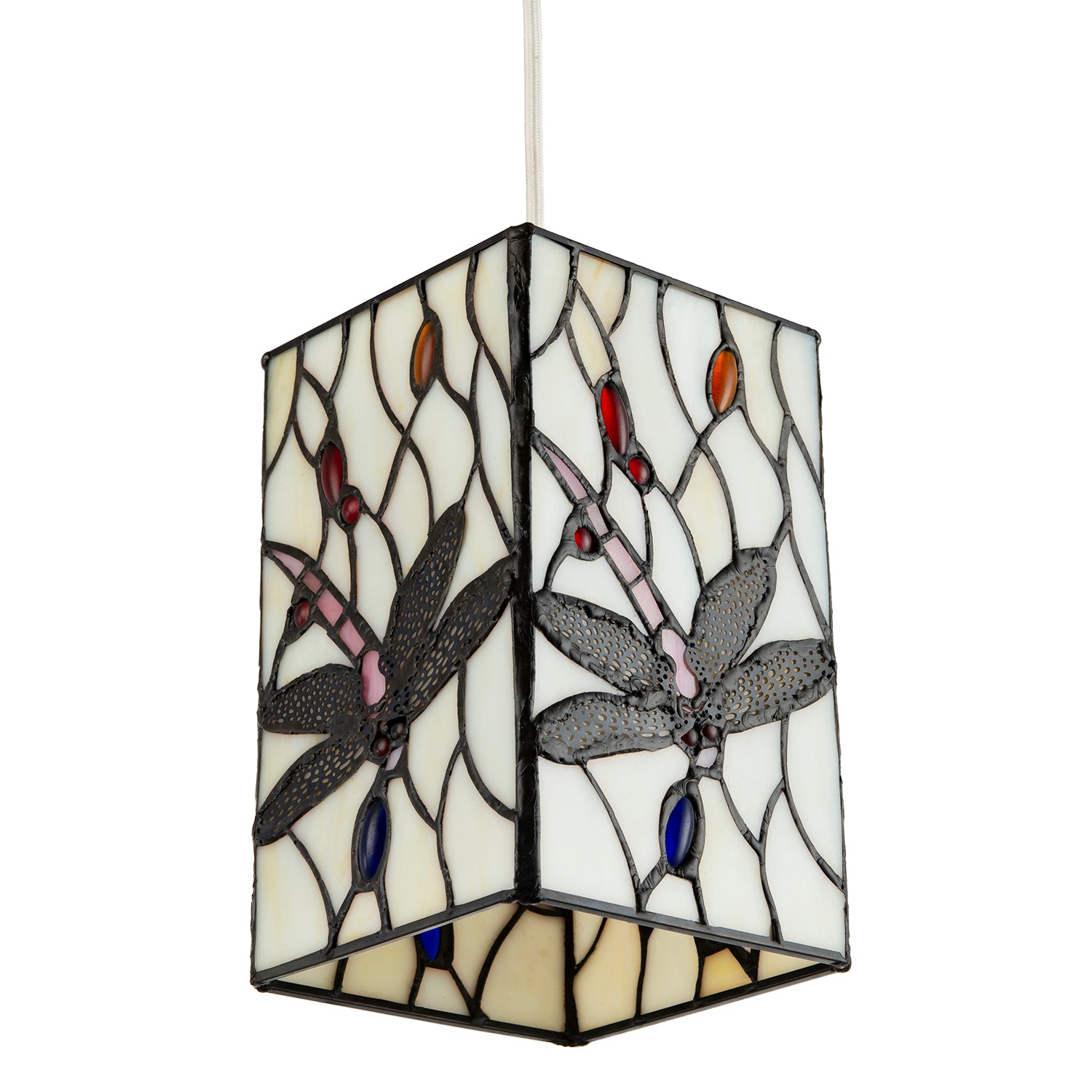White Stained Glass Dragonfly Rectangular Tiffany Pendant Light Shade Image 4