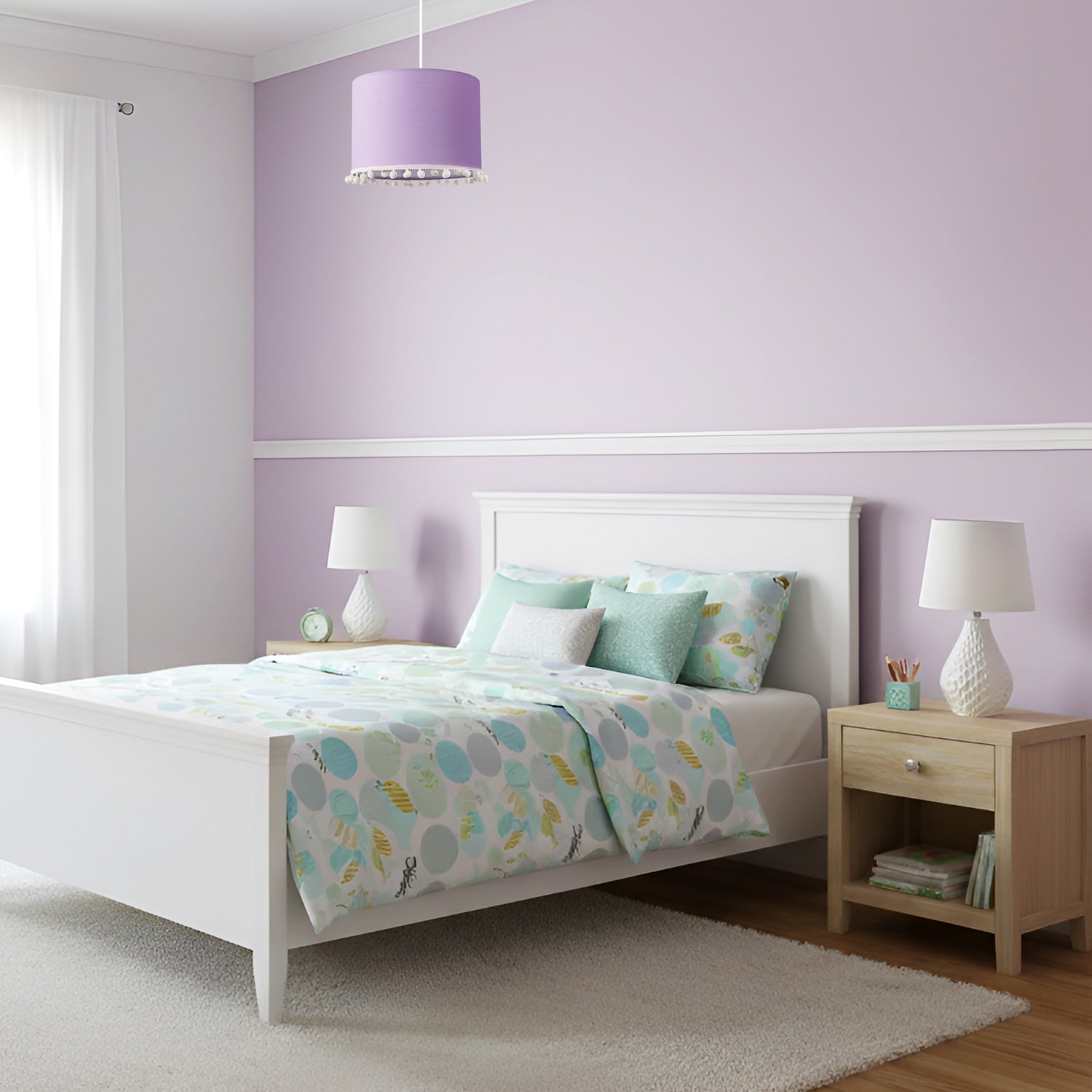 Cute and Modern Lilac Cotton 10" Lamp Shade with White Woolly Pom Poms Image 6