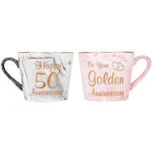Beautiful 50th Anniversary Grey and Pink Marble Ceramic Mugs with Golden Trim