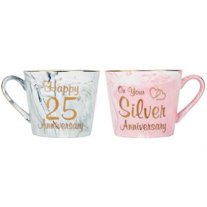 Beautiful 25th Anniversary Grey and Pink Marble Ceramic Mugs with Golden Trim