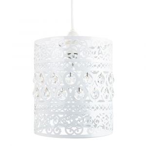 Traditional and Ornate White Easy Fit Pendant Shade with Clear Acrylic Droplets