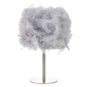 Modern and Chic Real Grey Feather Table Lamp with Satin Nickel Base and Switch