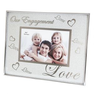 Glitter Effect and Nickel Plated Metal Engagement Picture Frame with Hearts