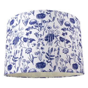 White Cotton 12" Drum Lamp Shade with Blue Floral Decoration and Inner Lining