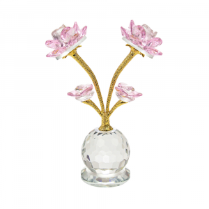 Modern Pink Rose Crystal Glass Ornament with Spherical Base and Gold Foil Stems