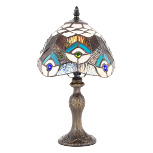 Modern Designer Peacock Tiffany Lamp with Teal Strips and Blue and Green Beads