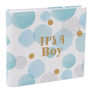Its a Boy Photo Album with Gold Glitter Text and Blue Circular Floating Bubbles