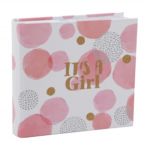 Its a Girl Photo Album with Gold Glitter Text and Pink Circular Floating Bubbles