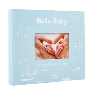 Cute Hello Baby Blue Photo Album Holds 80 Photographs with Front Cover Picture