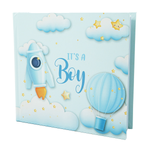 Its a Boy Blue Photo Album with Clouds Gold Stars Hot Air Balloon and Spaceship