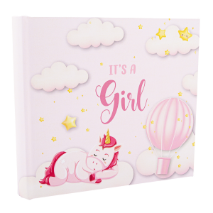 Its a Girl Pink Photo Album with Clouds Gold Stars Hot Air Balloon and Unicorn