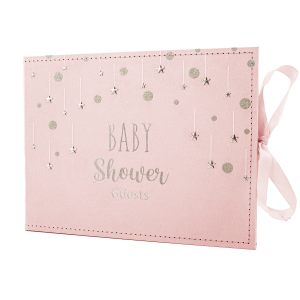 Soft Pastel Pink Suede Baby Shower Guest Book with Silver Stars and Luxe Ribbon