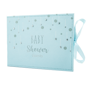 Soft Pastel Blue Suede Baby Shower Guest Book with Silver Stars and Luxe Ribbon
