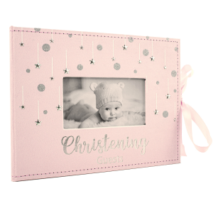 Soft Pastel Pink Suede Christening Guest Book with Silver Stars and Ribbon