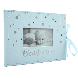 Soft Aqua Blue Suede Christening Guest Book with Shiny Silver Stars and Ribbon