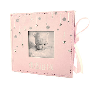 Soft Pastel Pink Suede Christening Photo Album with Silver Stars and Ribbon