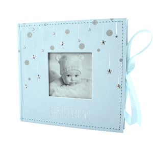 Soft Pastel Aqua Blue Suede Christening Photo Album with Silver Stars and Ribbon