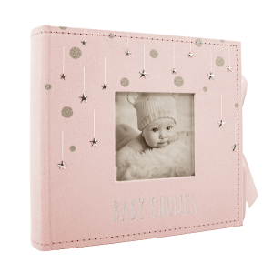 Soft Pastel Pink Suede Baby Shower Photo Album with Silver Stars and Luxe Ribbon