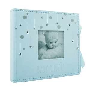 Soft Pastel Blue Suede Baby Shower Photo Album with Silver Stars and Luxe Ribbon