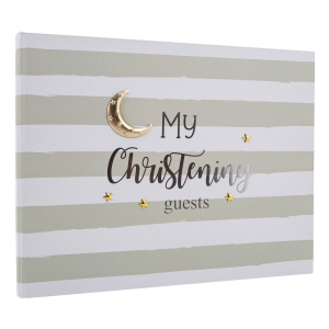 Modern and Cute Christening Guest Book with Shiny Gold Metal Moon and Stars
