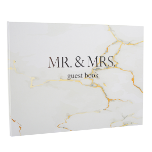 Designer Wedding Day Guest Book with Marble Effect Cover and Silver Foil Text