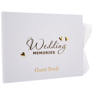 Modern Wedding Day Guest Book with Ivory Faux Silk Fabric Ribbon and Gold Hearts