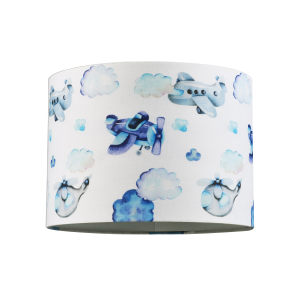 Blue Watercolour Planes and Helicopters Cotton Fabric Shade with Fluffy Clouds